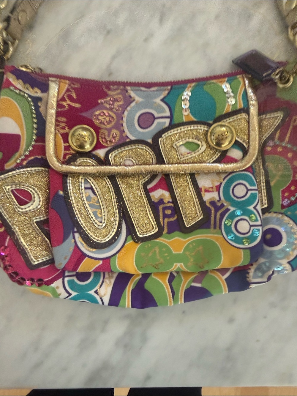 Coach Poppy 15325 Multicolor Graffiti Appliqué Crossbody Bag Gold Glitter